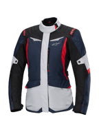 Alpinestars Stella ST-1 Waterproof Jacket, giacca da moto touring da donna, blu scuro, nero e rosso acceso, con pannelli grigio chiaro, colletto alto, cerniera frontale e design d'ispirazione adventure con forme spigolose e tasche cargo