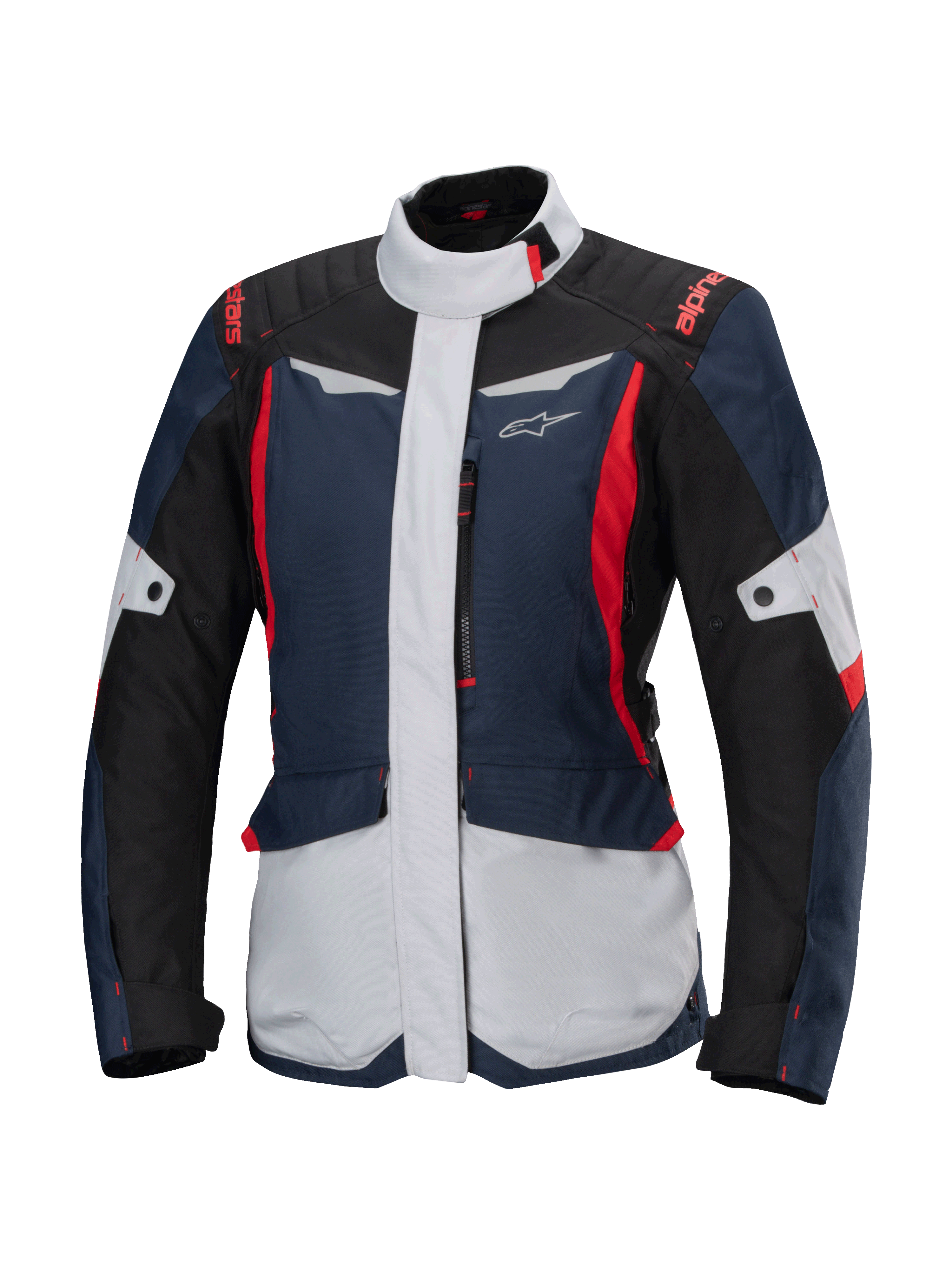 Alpinestars Stella ST-1 Waterproof Jacket, giacca da moto touring da donna, blu scuro, nero e rosso acceso, con pannelli grigio chiaro, colletto alto, cerniera frontale e design d'ispirazione adventure con forme spigolose e tasche cargo