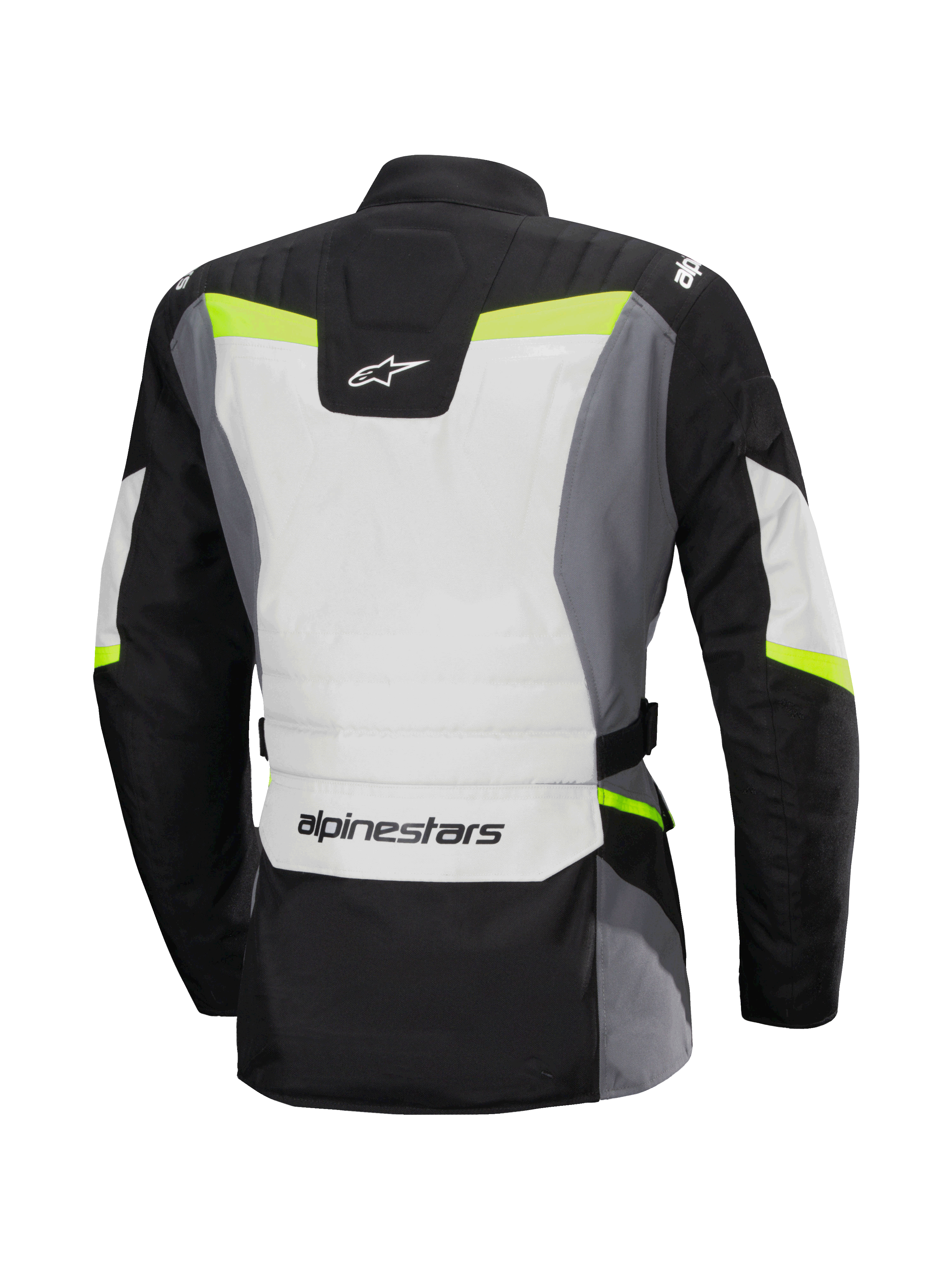 Alpinestars Stella ST-1 Waterproof Jacket, vista posteriore, giacca da moto touring da donna, grigio ghiaccio, nero e giallo fluo, loghi Alpinestars su collo e parte bassa della schiena, design adventure touring con costruzione in tessuto e dettagli fluorescenti