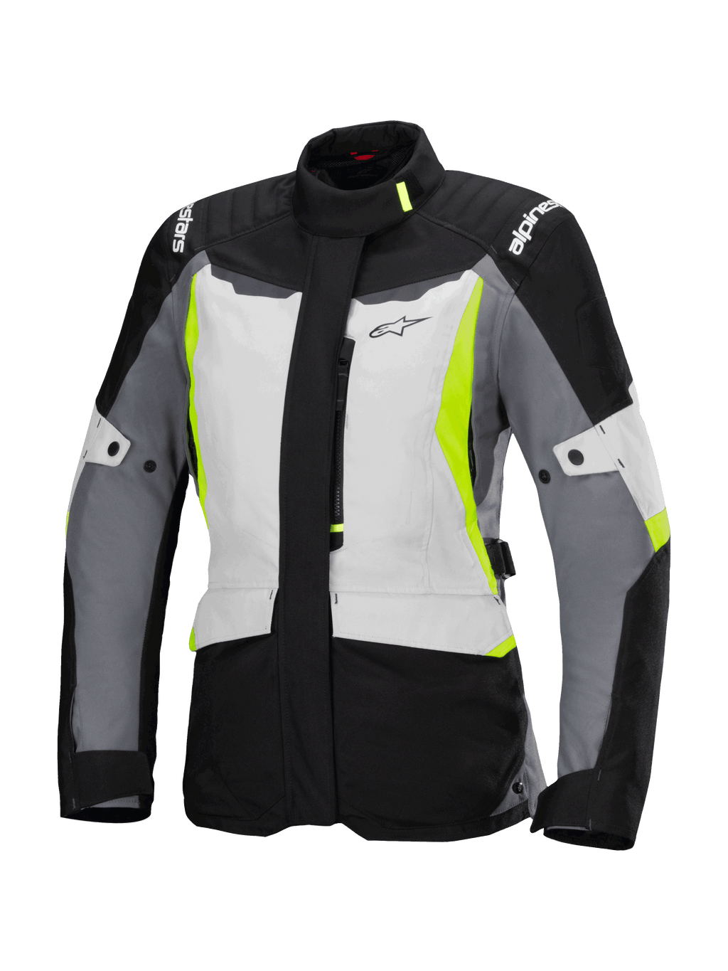 Alpinestars Stella ST-1 Waterproof Jacket, giacca da moto touring da donna, grigio ghiaccio, nero e giallo fluorescente, con colletto alto, cerniera frontale, spalle rinforzate con marchio e cinghie di regolazione in vita, design ispirato all'adventure touring