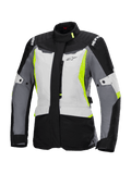 Alpinestars Stella ST-1 Waterproof Jacket, giacca da moto touring da donna, grigio ghiaccio, nero e giallo fluorescente, con colletto alto, cerniera frontale, spalle rinforzate con marchio e cinghie di regolazione in vita, design ispirato all'adventure touring