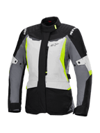 Alpinestars Stella ST-1 Waterproof Jacket, giacca da moto touring da donna, grigio ghiaccio, nero e giallo fluorescente, con colletto alto, cerniera frontale, spalle rinforzate con marchio e cinghie di regolazione in vita, design ispirato all'adventure touring