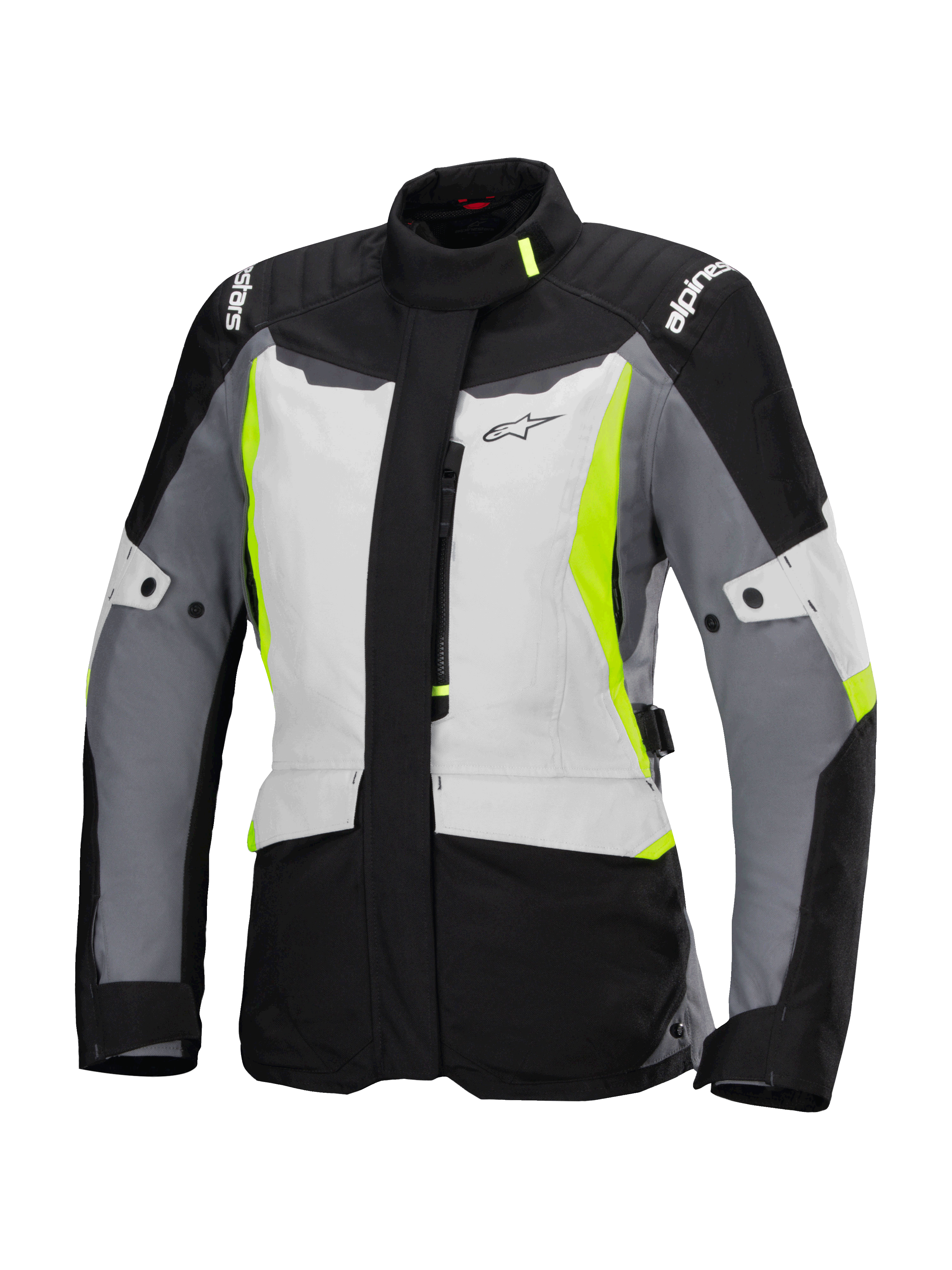 Alpinestars Stella ST-1 Waterproof Jacket, giacca da moto touring da donna, grigio ghiaccio, nero e giallo fluorescente, con colletto alto, cerniera frontale, spalle rinforzate con marchio e cinghie di regolazione in vita, design ispirato all'adventure touring