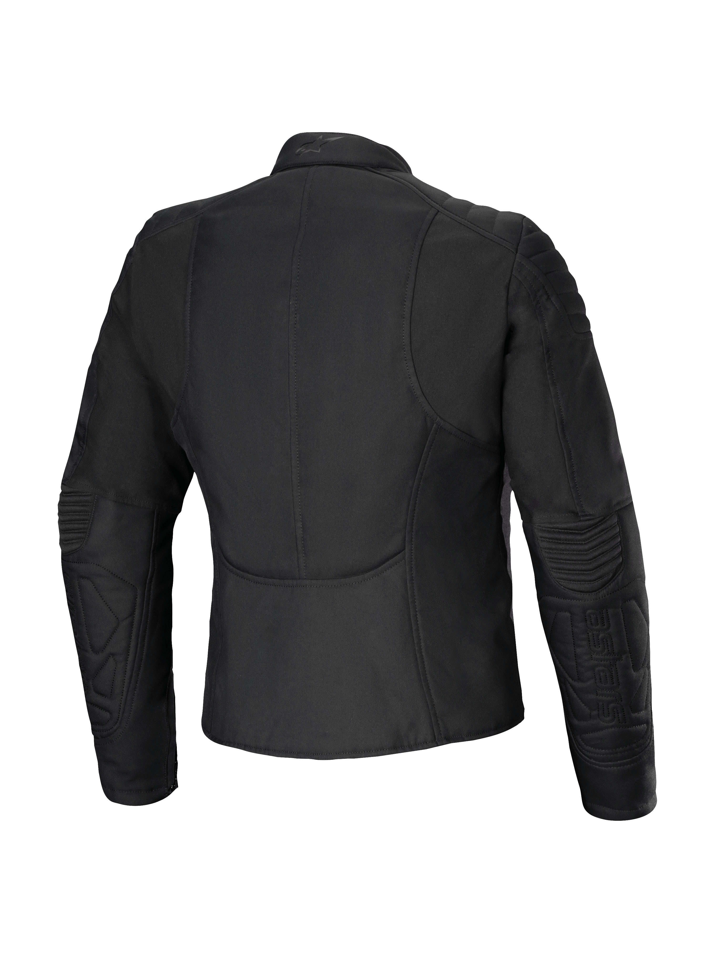 Giacca da donna Alpinestars Isla WR, vista posteriore, nero, giacca da moto urbana slim fit con dettagli trapuntati su spalle e avambracci, tessuto idrorepellente con finitura opaca, design femminile sartoriale con profilo posteriore allungato per il comfort di guida