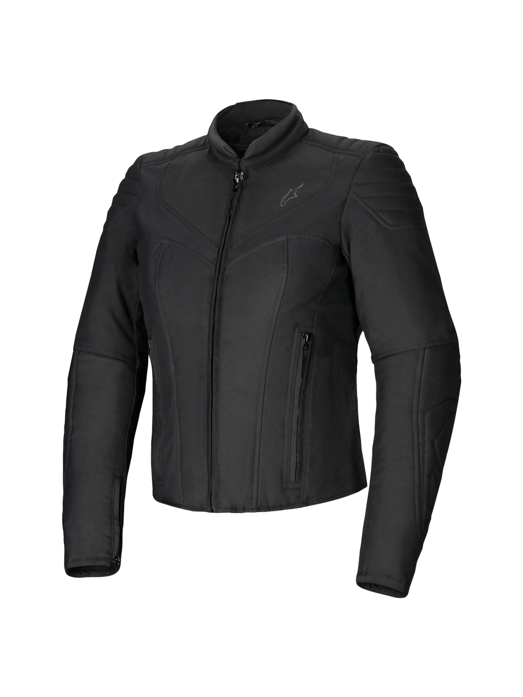 Giacca da donna Alpinestars Isla WR, nera, giacca da moto in tessuto con vestibilità aderente, finitura opaca con dettagli trapuntati su spalle e avambracci, chiusura frontale con zip, due tasche con zip, colletto alto da biker, abbigliamento urban contemporaneo