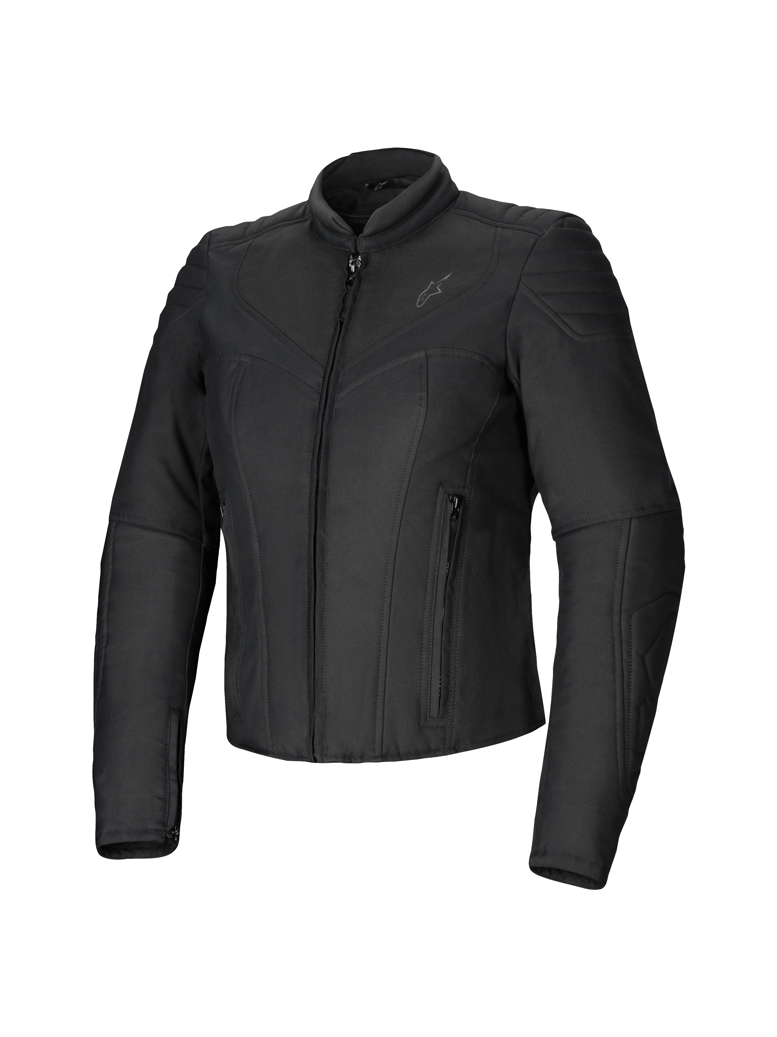 Giacca da donna Alpinestars Isla WR, nera, giacca da moto in tessuto con vestibilità aderente, finitura opaca con dettagli trapuntati su spalle e avambracci, chiusura frontale con zip, due tasche con zip, colletto alto da biker, abbigliamento urban contemporaneo