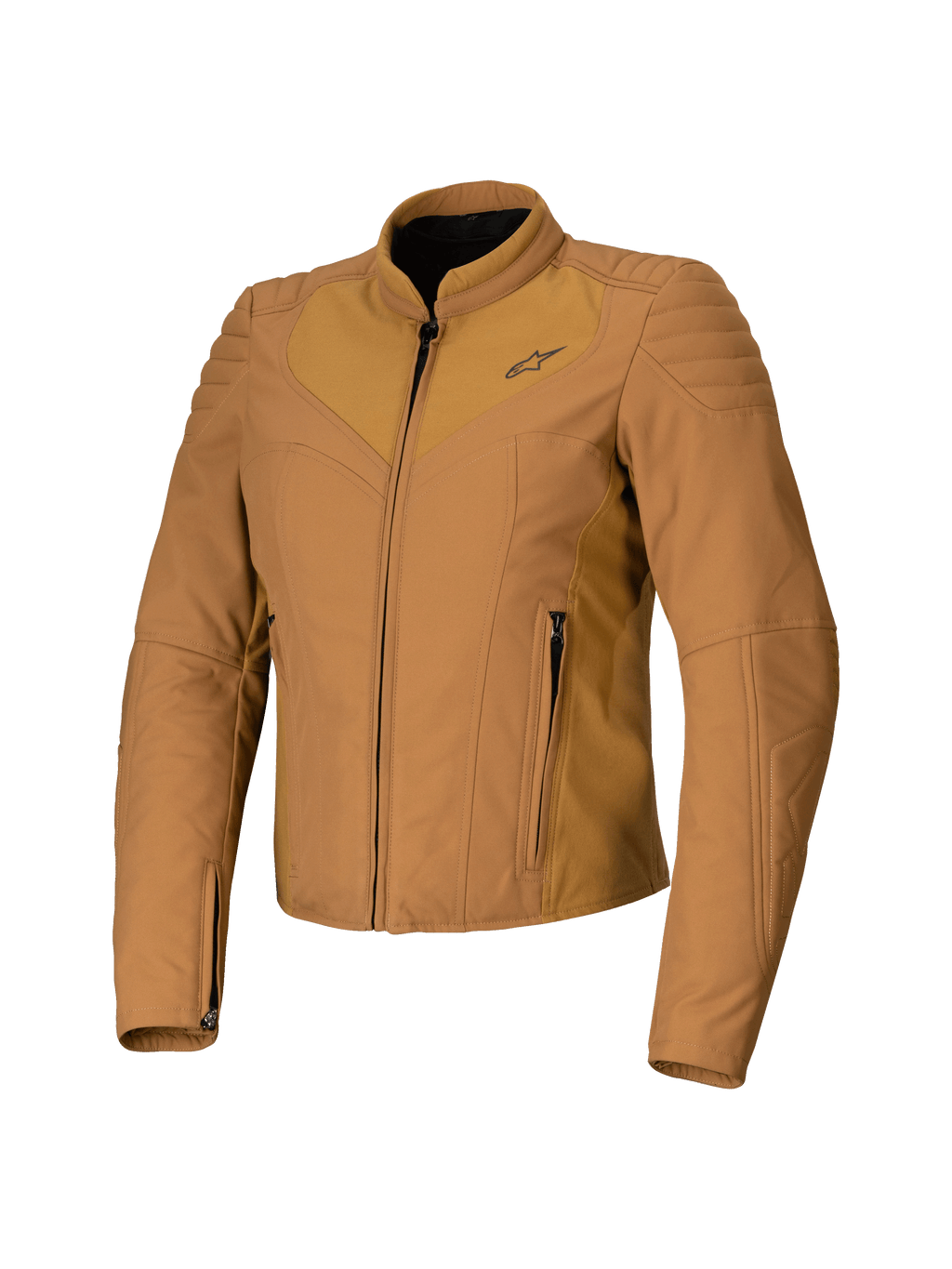 Giacca da donna Alpinestars Isla WR, Utility Brown Light Gold, giacca da moto da donna marrone chiaro, vestibilità aderente, collo alto da motociclista, dettagli trapuntati sulle spalle, cerniera frontale con tasche laterali, abbigliamento tecnico da guida urbana