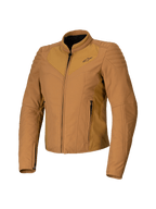 Giacca da donna Alpinestars Isla WR, Utility Brown Light Gold, giacca da moto da donna marrone chiaro, vestibilità aderente, collo alto da motociclista, dettagli trapuntati sulle spalle, cerniera frontale con tasche laterali, abbigliamento tecnico da guida urbana