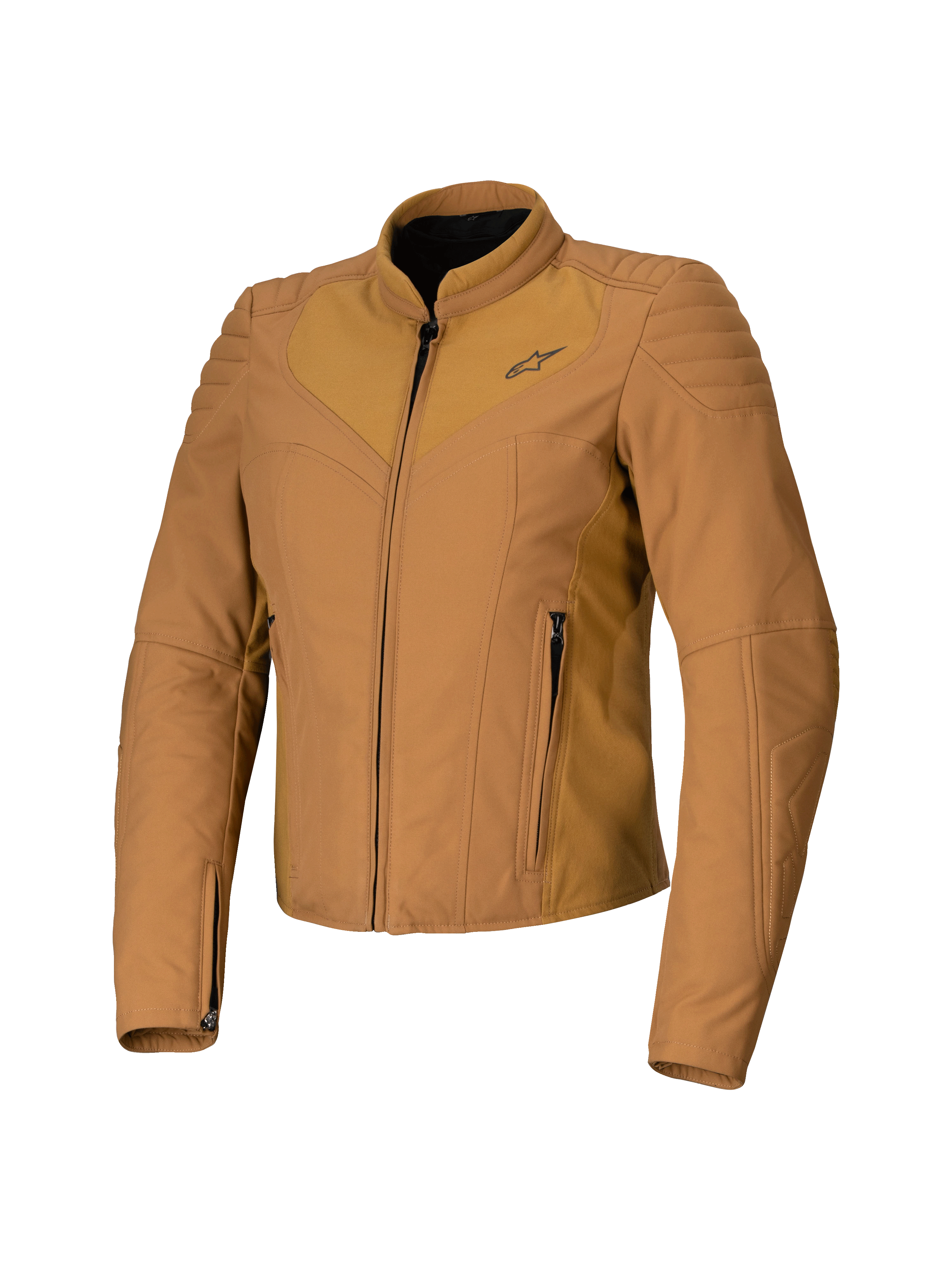 Giacca da donna Alpinestars Isla WR, Utility Brown Light Gold, giacca da moto da donna marrone chiaro, vestibilità aderente, collo alto da motociclista, dettagli trapuntati sulle spalle, cerniera frontale con tasche laterali, abbigliamento tecnico da guida urbana