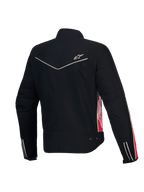 Alpinestars Giacca Stella T-Dyno Resistente All'Acqua, giacca da moto in tessuto da donna, vista posteriore in nero con dettagli rossi e fucsia, certificata CE, vestibilità biker vintage