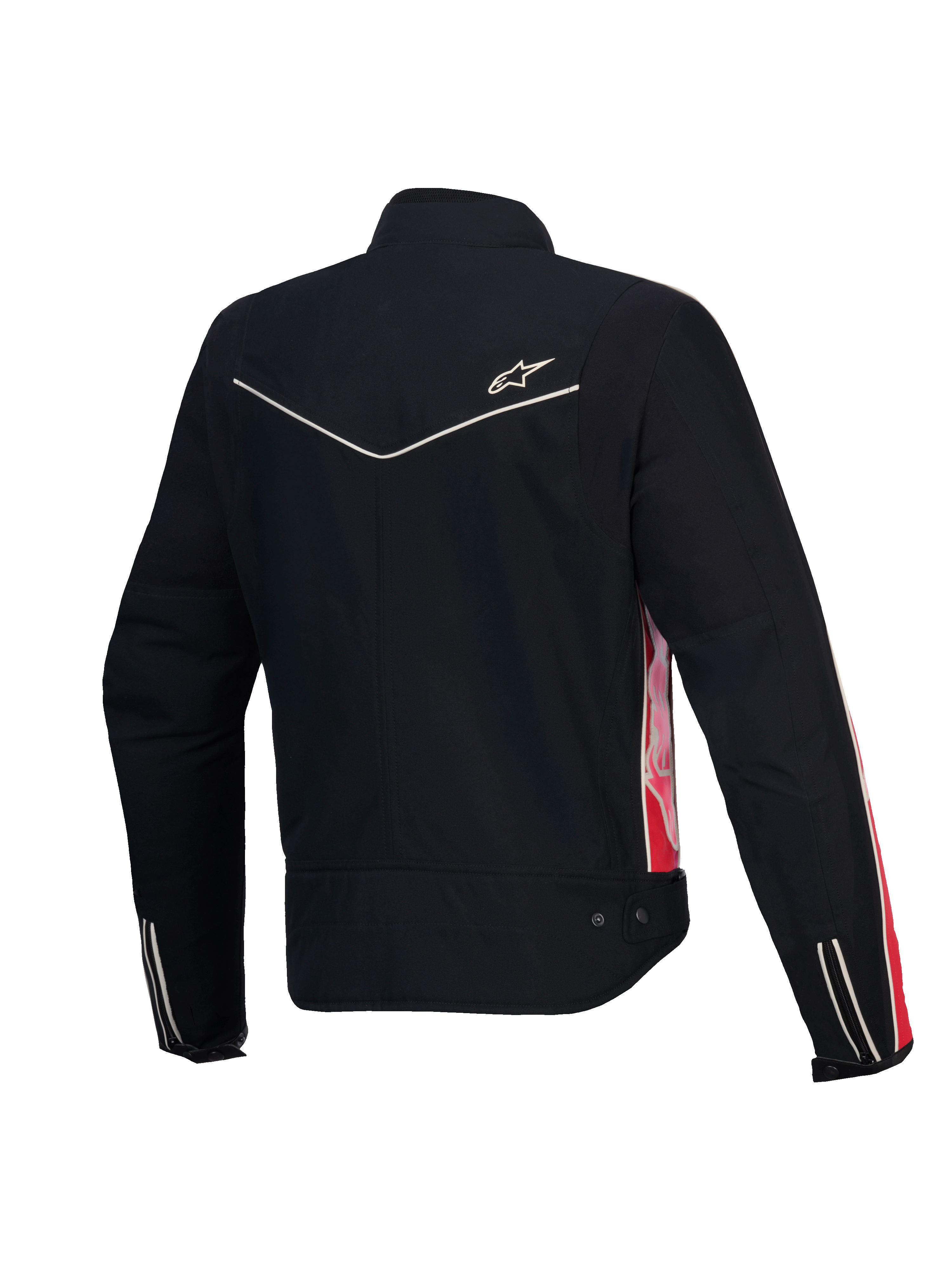 Alpinestars Giacca Stella T-Dyno Resistente All'Acqua, giacca da moto in tessuto da donna, vista posteriore in nero con dettagli rossi e fucsia, certificata CE, vestibilità biker vintage