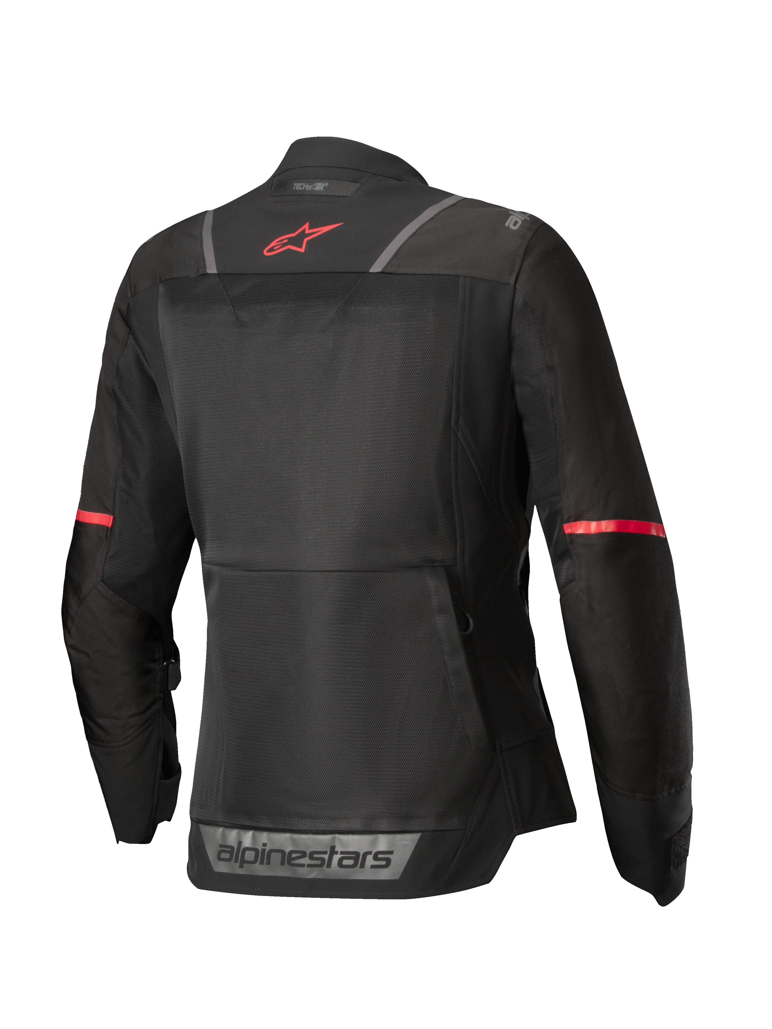 Alpinestars Giacca Stella ST-2 Air, giacca da moto touring da donna, vista posteriore in nero con dettagli rossi e riflettenti, costruzione in tessuto mesh certificata CE Livello AA