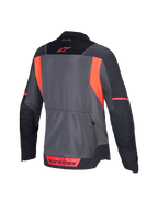 Giacca Alpinestars Stella ST-2 Air, giacca moto touring da donna, vista posteriore nei colori grigio scuro e corallo fluo, con pannelli in rete per la ventilazione e certificazione CE livello AA