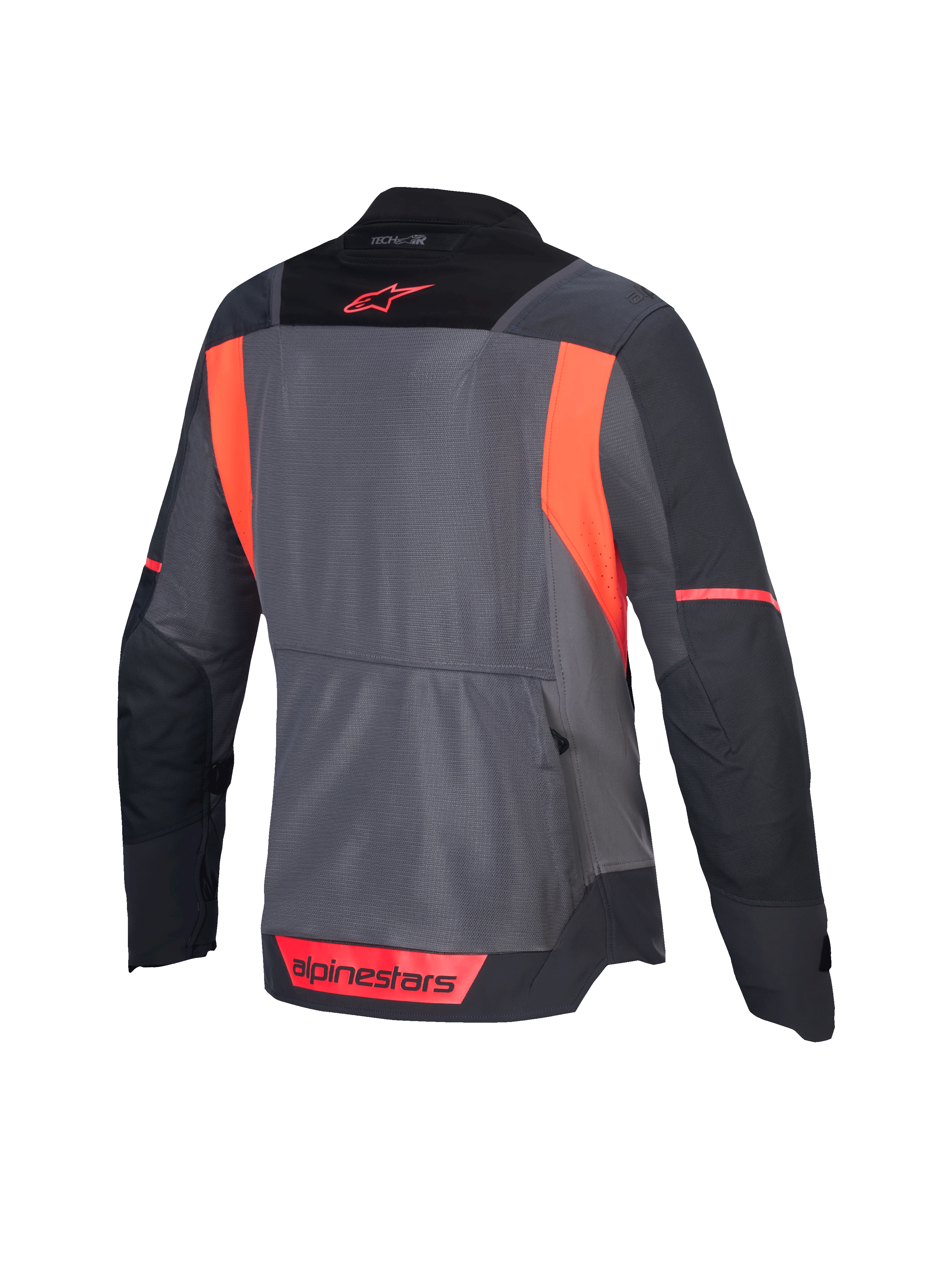 Giacca Alpinestars Stella ST-2 Air, giacca moto touring da donna, vista posteriore nei colori grigio scuro e corallo fluo, con pannelli in rete per la ventilazione e certificazione CE livello AA