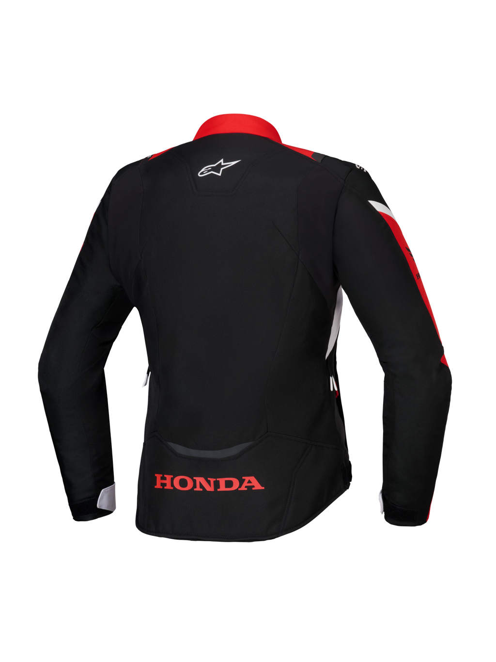 Giacca Alpinestars Honda Stella T-Jaws V4 WP, vista posteriore, nero con dettagli rosso brillante e bianco, logo Honda rosso sulla parte bassa della schiena e logo Alpinestars bianco sul collo, giacca da moto impermeabile da donna con vestibilità sportiva