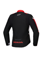 Giacca Alpinestars Honda Stella T-Jaws V4 WP, vista posteriore, nero con dettagli rosso brillante e bianco, logo Honda rosso sulla parte bassa della schiena e logo Alpinestars bianco sul collo, giacca da moto impermeabile da donna con vestibilità sportiva