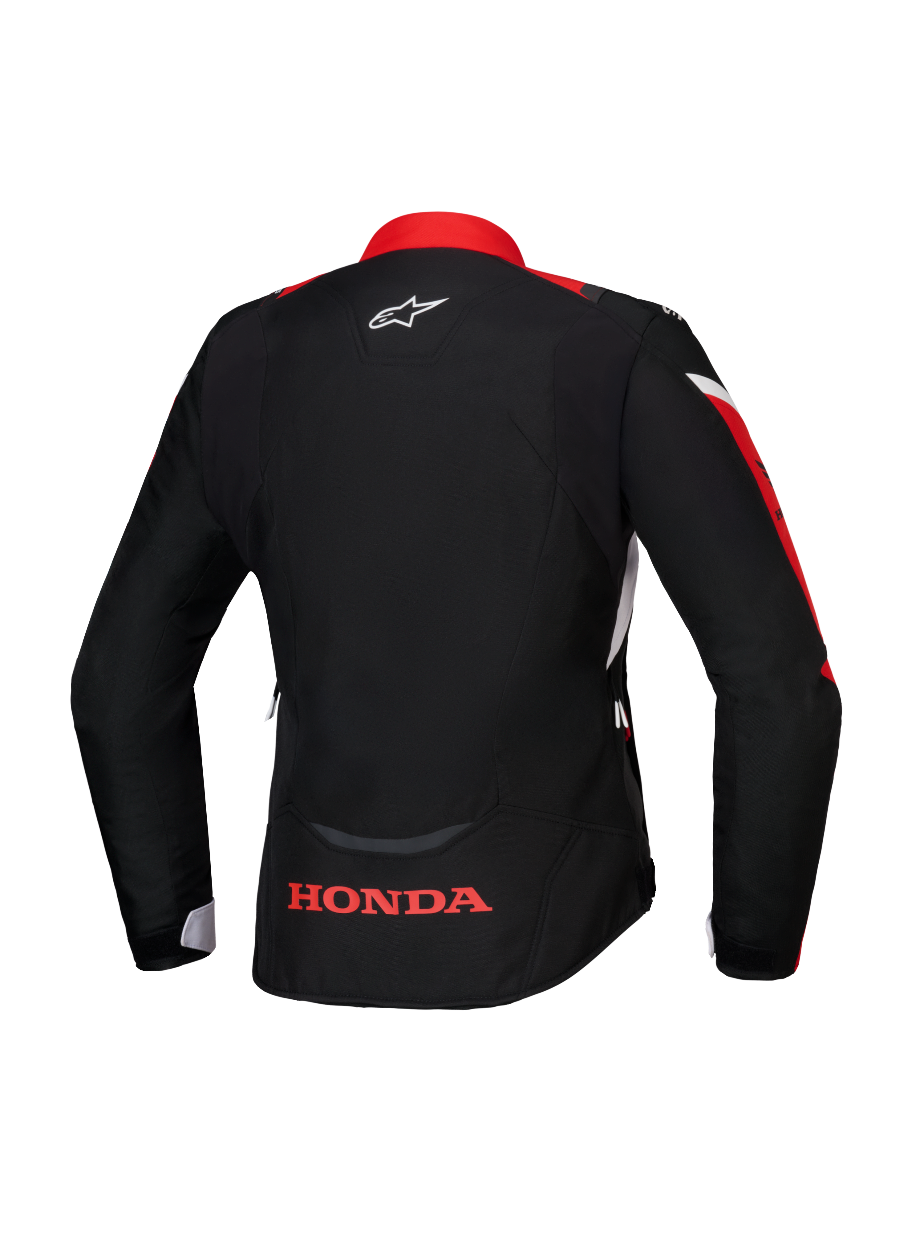 Giacca Alpinestars Honda Stella T-Jaws V4 WP, vista posteriore, nero con dettagli rosso brillante e bianco, logo Honda rosso sulla parte bassa della schiena e logo Alpinestars bianco sul collo, giacca da moto impermeabile da donna con vestibilità sportiva