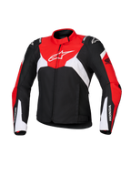 Giacca Alpinestars Honda Stella T-Jaws V4 WP da donna, giacca da moto sportiva impermeabile, nera con pannelli rosso acceso e bianchi, con loghi Honda sulle maniche e logo Alpinestars bianco sul petto, costruzione in tessuto tecnico dalla silhouette sportiva
