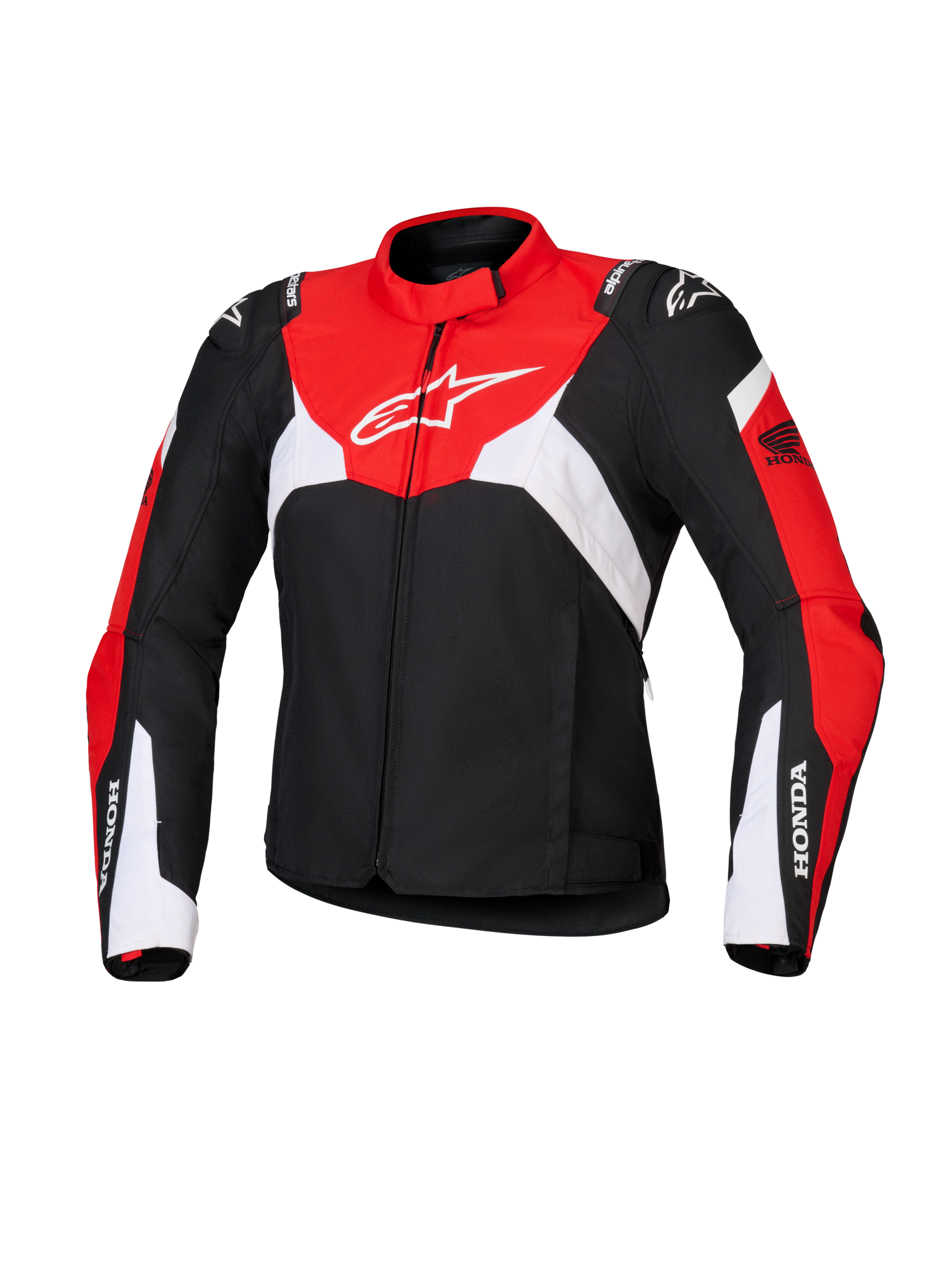 Giacca Alpinestars Honda Stella T-Jaws V4 WP da donna, giacca da moto sportiva impermeabile, nera con pannelli rosso acceso e bianchi, con loghi Honda sulle maniche e logo Alpinestars bianco sul petto, costruzione in tessuto tecnico dalla silhouette sportiva