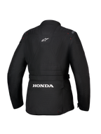 Alpinestars Honda Stella ST-1 WP Jacket, giacca da moto impermeabile da donna, nero, vista posteriore con grande logo Honda bianco sulla tasca cargo posteriore inferiore, logo Alpinestars sulla parte superiore della schiena, costruzione in tessuto tecnico con silhouette adventure touring e dettagli di cuciture rosse
