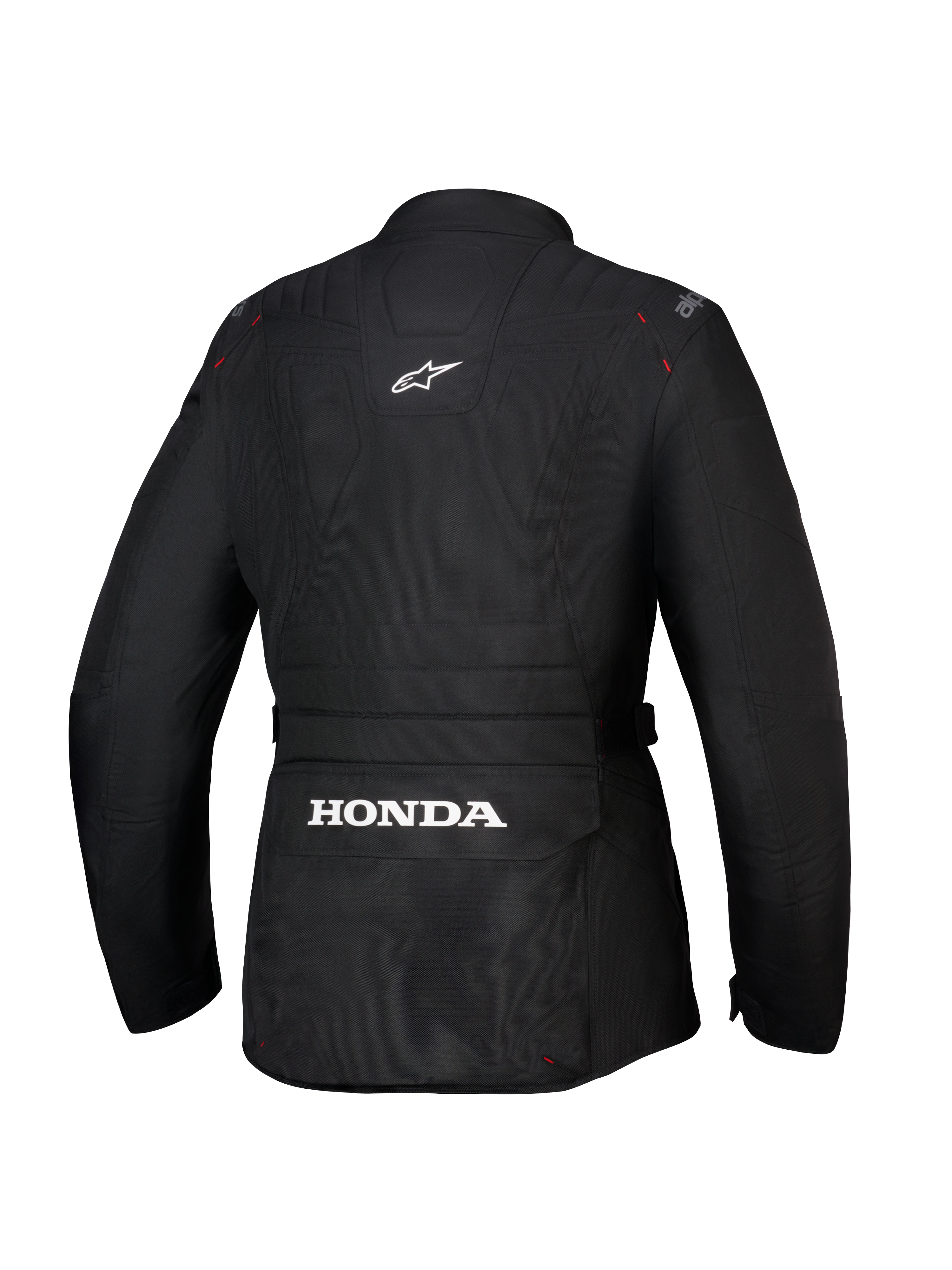 Alpinestars Honda Stella ST-1 WP Jacket, giacca da moto impermeabile da donna, nero, vista posteriore con grande logo Honda bianco sulla tasca cargo posteriore inferiore, logo Alpinestars sulla parte superiore della schiena, costruzione in tessuto tecnico con silhouette adventure touring e dettagli di cuciture rosse