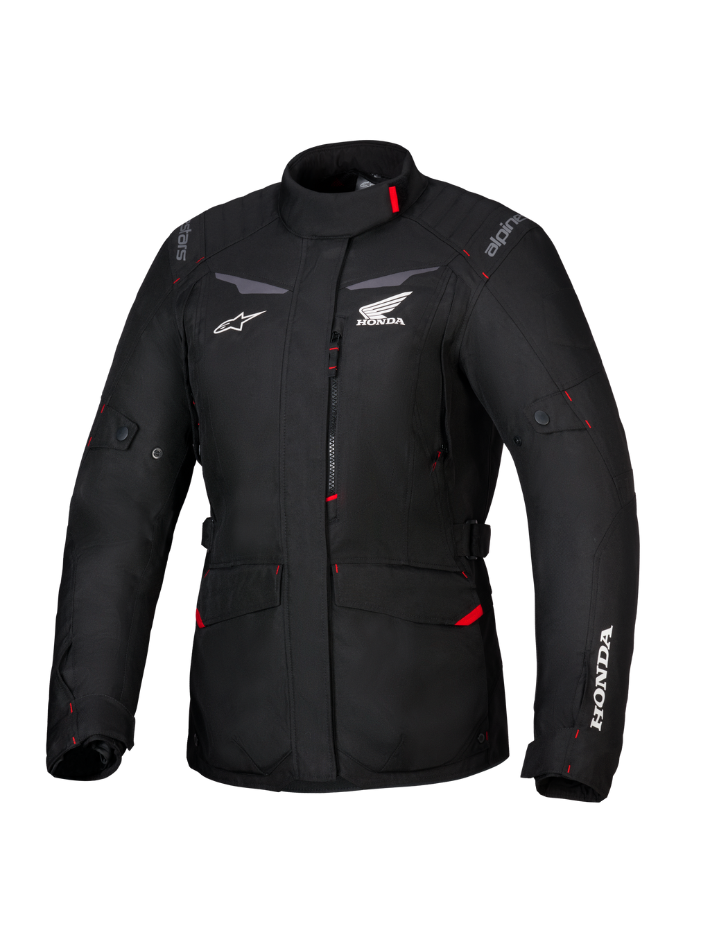 Giacca Honda Stella ST-1 WP, giacca da touring impermeabile da donna, nera con dettagli rossi e loghi Honda bianchi, colletto alto, cerniera frontale, tasche cargo espandibili, equipaggiamento adventure in tessuto resistente