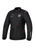 Giacca Honda Stella ST-1 WP, giacca da touring impermeabile da donna, nera con dettagli rossi e loghi Honda bianchi, colletto alto, cerniera frontale, tasche cargo espandibili, equipaggiamento adventure in tessuto resistente