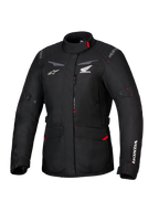Giacca Honda Stella ST-1 WP, giacca da touring impermeabile da donna, nera con dettagli rossi e loghi Honda bianchi, colletto alto, cerniera frontale, tasche cargo espandibili, equipaggiamento adventure in tessuto resistente