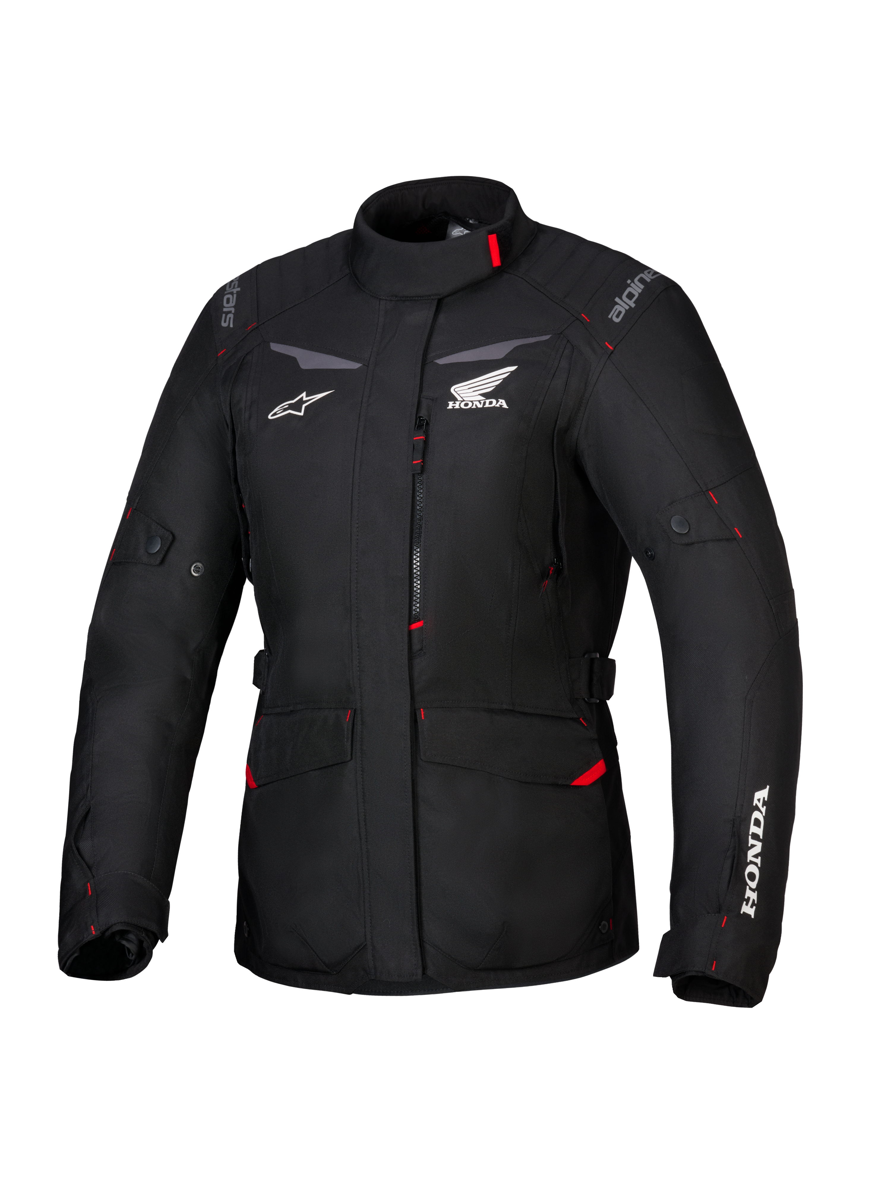 Giacca Honda Stella ST-1 WP, giacca da touring impermeabile da donna, nera con dettagli rossi e loghi Honda bianchi, colletto alto, cerniera frontale, tasche cargo espandibili, equipaggiamento adventure in tessuto resistente