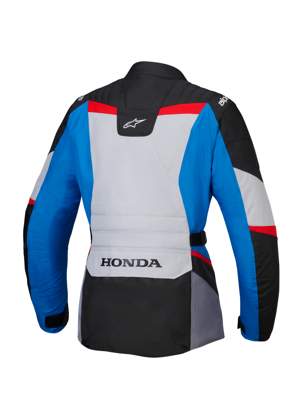 Alpinestars Honda Woman Stella ST-1 WP Jacket, vista posteriore, giacca da moto adventure touring in blu, grigio ghiaccio e nero con accenti rossi, con marchio HONDA sulla parte bassa della schiena e loghi Alpinestars sulle spalle e sulla parte superiore della schiena.