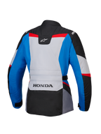 Alpinestars Honda Woman Stella ST-1 WP Jacket, vista posteriore, giacca da moto adventure touring in blu, grigio ghiaccio e nero con accenti rossi, con marchio HONDA sulla parte bassa della schiena e loghi Alpinestars sulle spalle e sulla parte superiore della schiena.