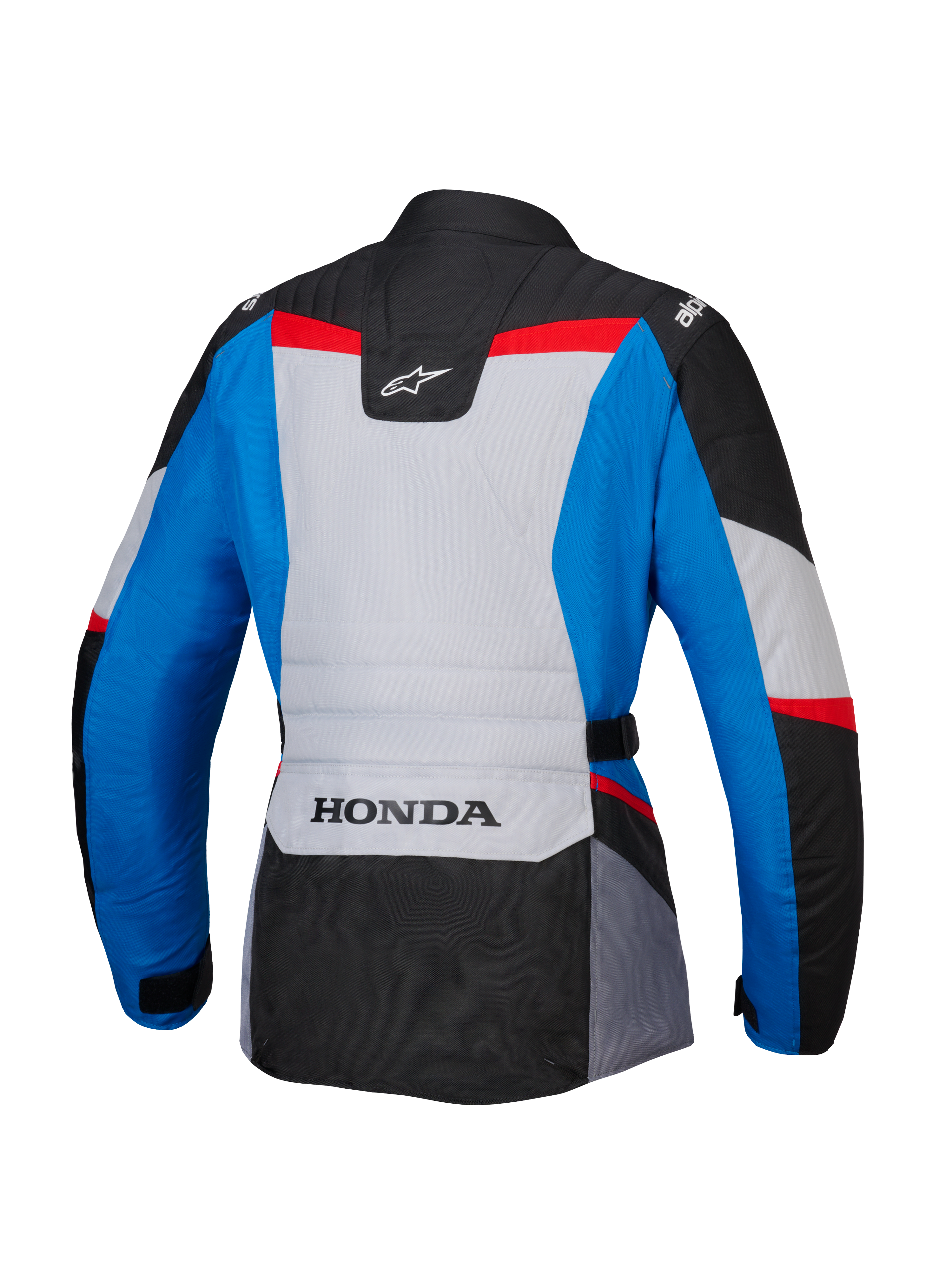 Alpinestars Honda Woman Stella ST-1 WP Jacket, vista posteriore, giacca da moto adventure touring in blu, grigio ghiaccio e nero con accenti rossi, con marchio HONDA sulla parte bassa della schiena e loghi Alpinestars sulle spalle e sulla parte superiore della schiena.