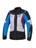 Giacca Alpinestars Honda Stella ST-1 WP da donna, giacca da moto impermeabile, grigio ghiaccio, blu e nero con accenti rossi, collo alto e cerniera frontale, loghi Honda e Alpinestars su petto e maniche, resistente giacca in tessuto da adventure touring