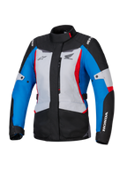 Giacca Alpinestars Honda Stella ST-1 WP da donna, giacca da moto impermeabile, grigio ghiaccio, blu e nero con accenti rossi, collo alto e cerniera frontale, loghi Honda e Alpinestars su petto e maniche, resistente giacca in tessuto da adventure touring