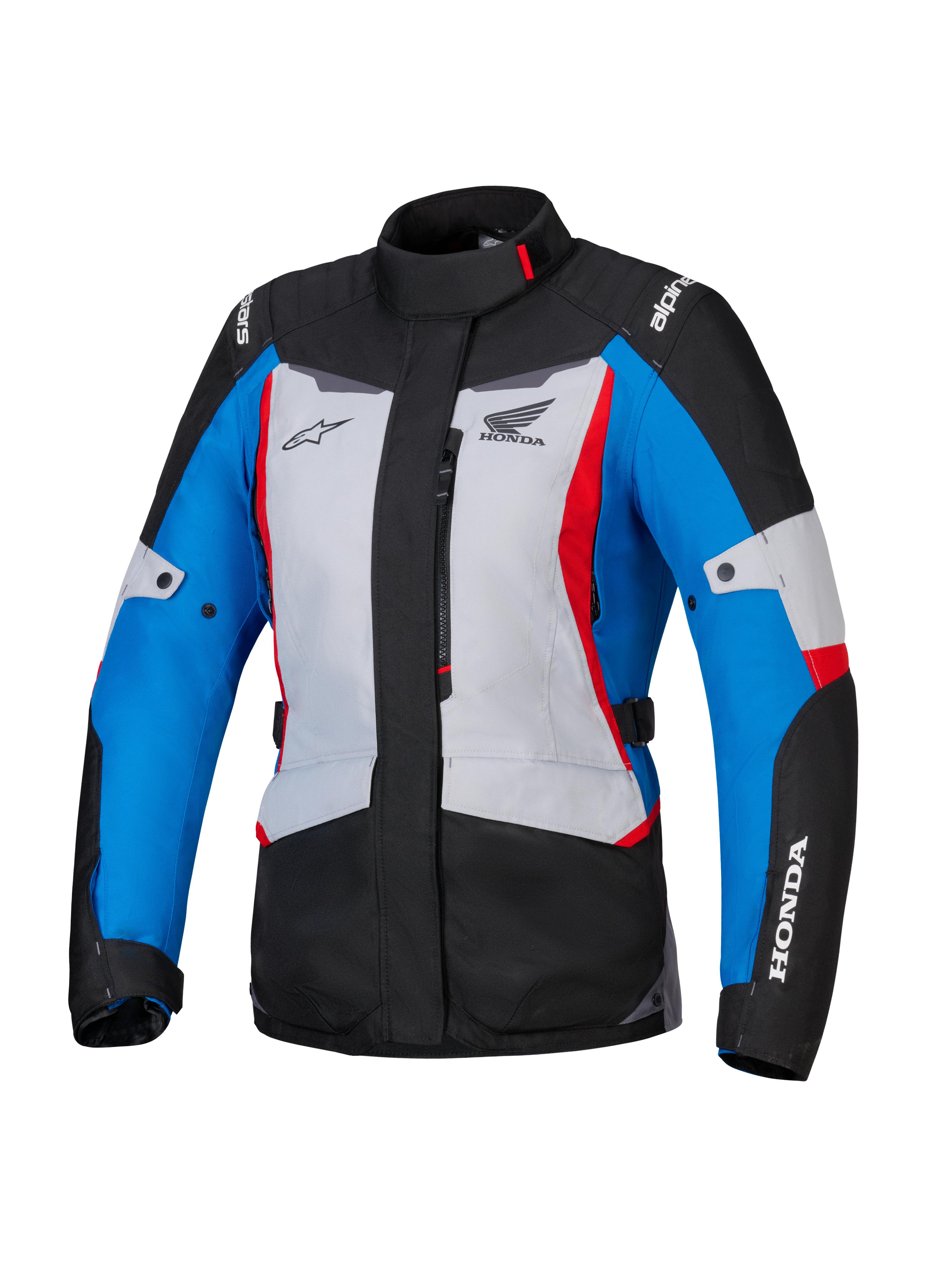 Giacca Alpinestars Honda Stella ST-1 WP da donna, giacca da moto impermeabile, grigio ghiaccio, blu e nero con accenti rossi, collo alto e cerniera frontale, loghi Honda e Alpinestars su petto e maniche, resistente giacca in tessuto da adventure touring