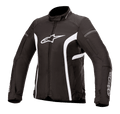 Alpinestars Stella T-Kira V2 Waterproof Jacket, giacca da moto in tessuto da donna, nero e bianco, con collo alto, zip centrale, logo bianco sul petto e strisce bianche curve sui lati, design sportivo da strada