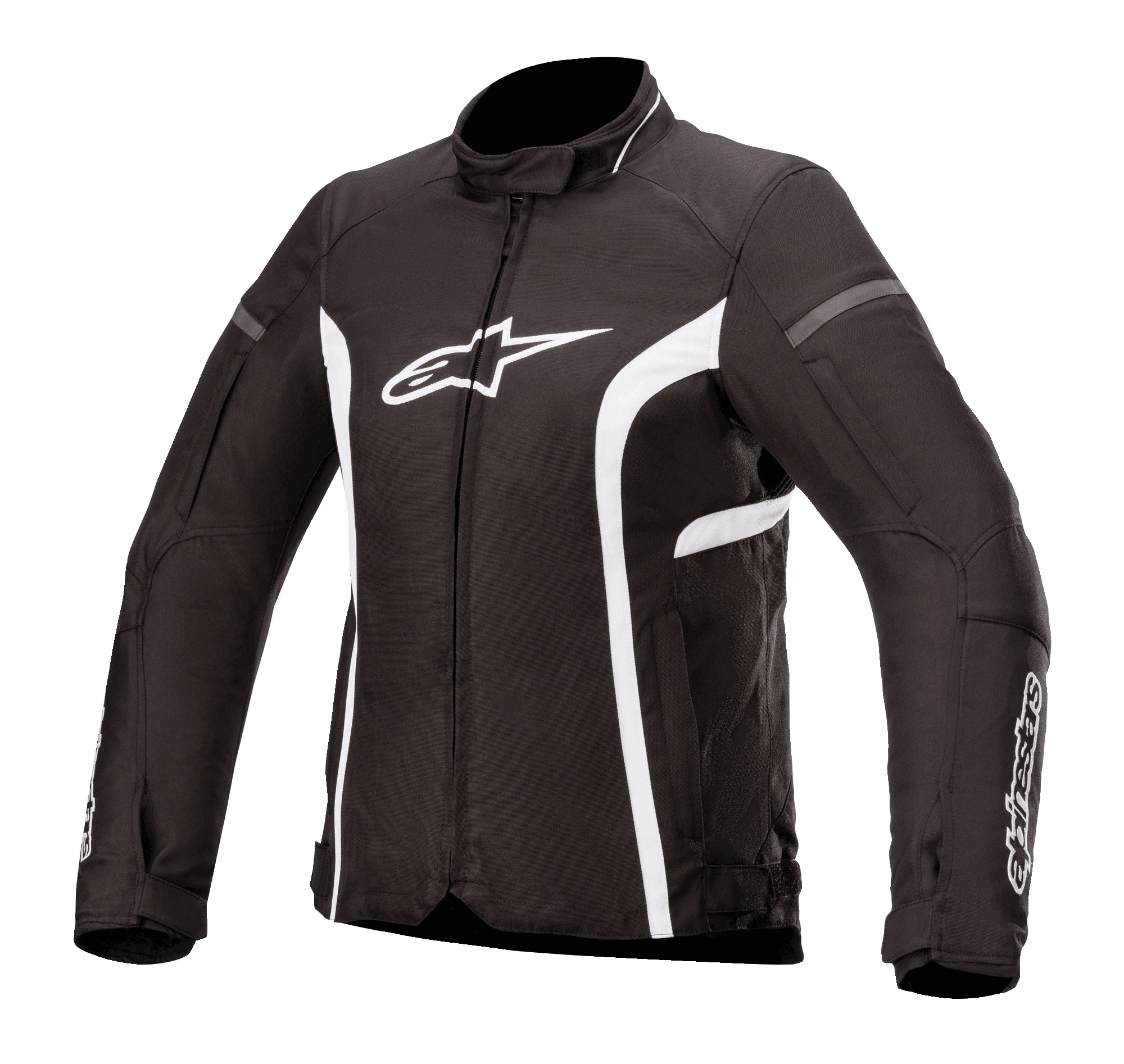 Alpinestars Stella T-Kira V2 Waterproof Jacket, giacca da moto in tessuto da donna, nero e bianco, con collo alto, zip centrale, logo bianco sul petto e strisce bianche curve sui lati, design sportivo da strada