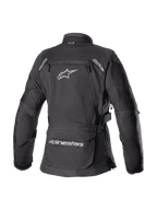 Alpinestars Stella Bogota' Pro Drystar® Jacket da donna, nero, vista posteriore di giacca tecnica adventure touring con un grande logo Astar bianco, tasca portaoggetti sulla parte bassa della schiena con marchio e inserti riflettenti sulle spalle