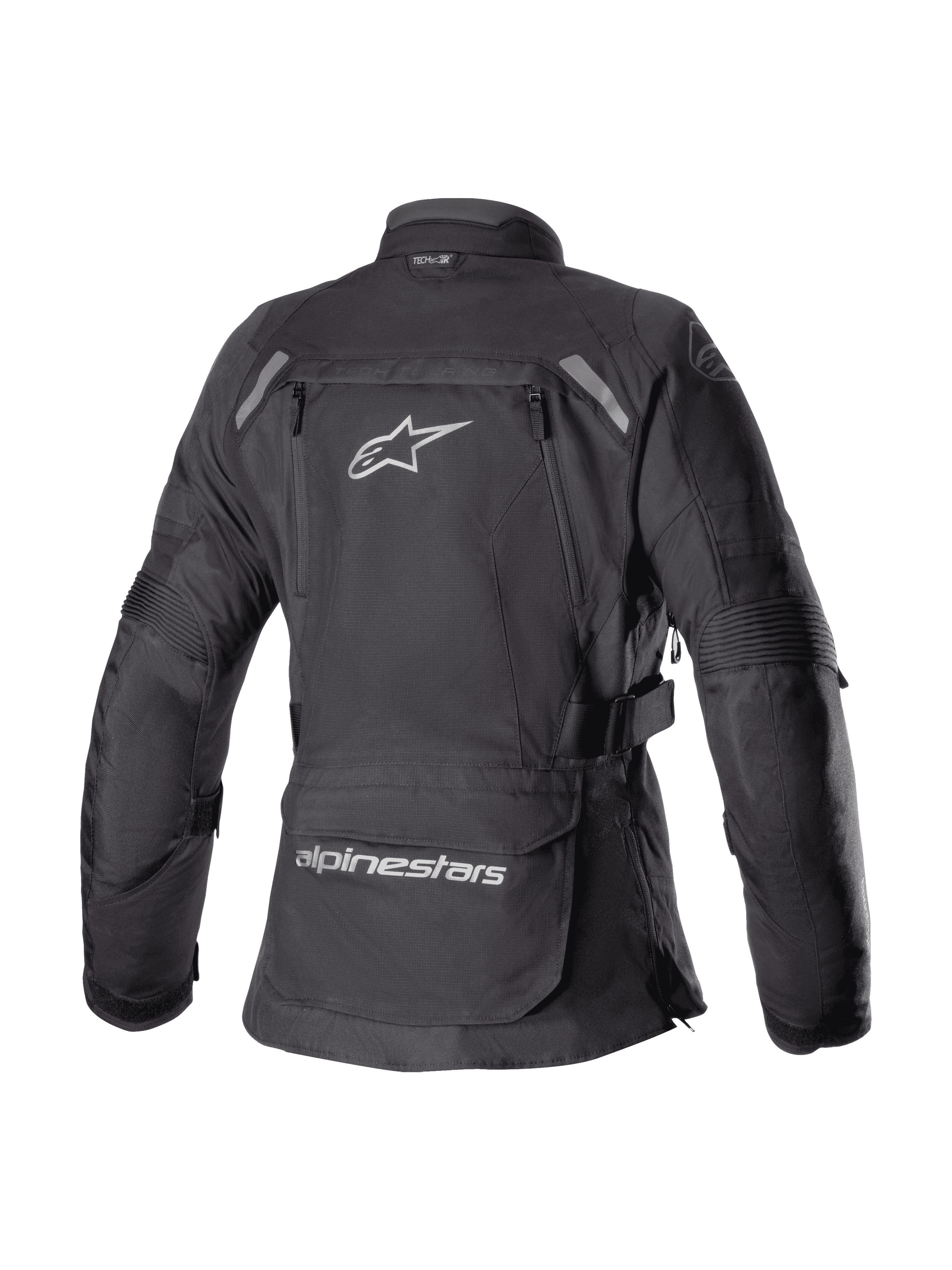 Alpinestars Stella Bogota' Pro Drystar® Jacket da donna, nero, vista posteriore di giacca tecnica adventure touring con un grande logo Astar bianco, tasca portaoggetti sulla parte bassa della schiena con marchio e inserti riflettenti sulle spalle