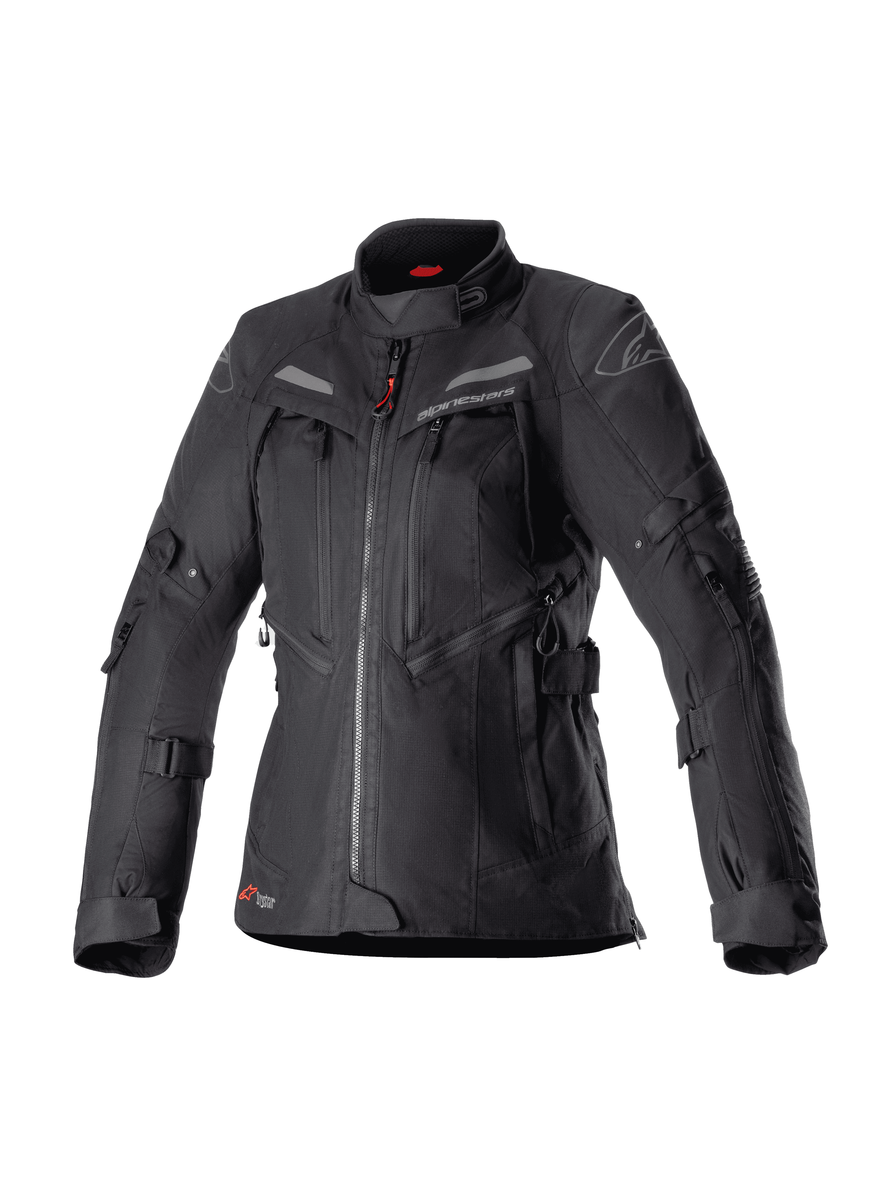 Alpinestars Stella Bogota Pro Drystar Jacket da donna, giacca da moto adventure touring nera, costruzione in tessuto impermeabile con cerniere anteriori multiple e pannelli di ventilazione, cinghie regolabili su maniche e vita, sottili accenti rossi e marchio Alpinestars.