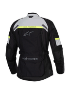 Alpinestars Stella Bogota' Pro Drystar® Jacket, vista posteriore, nero con dettagli grigio ghiaccio e giallo fluo, giacca da moto adventure touring da donna con marchio Tech Touring e ampia tasca posteriore portaoggetti