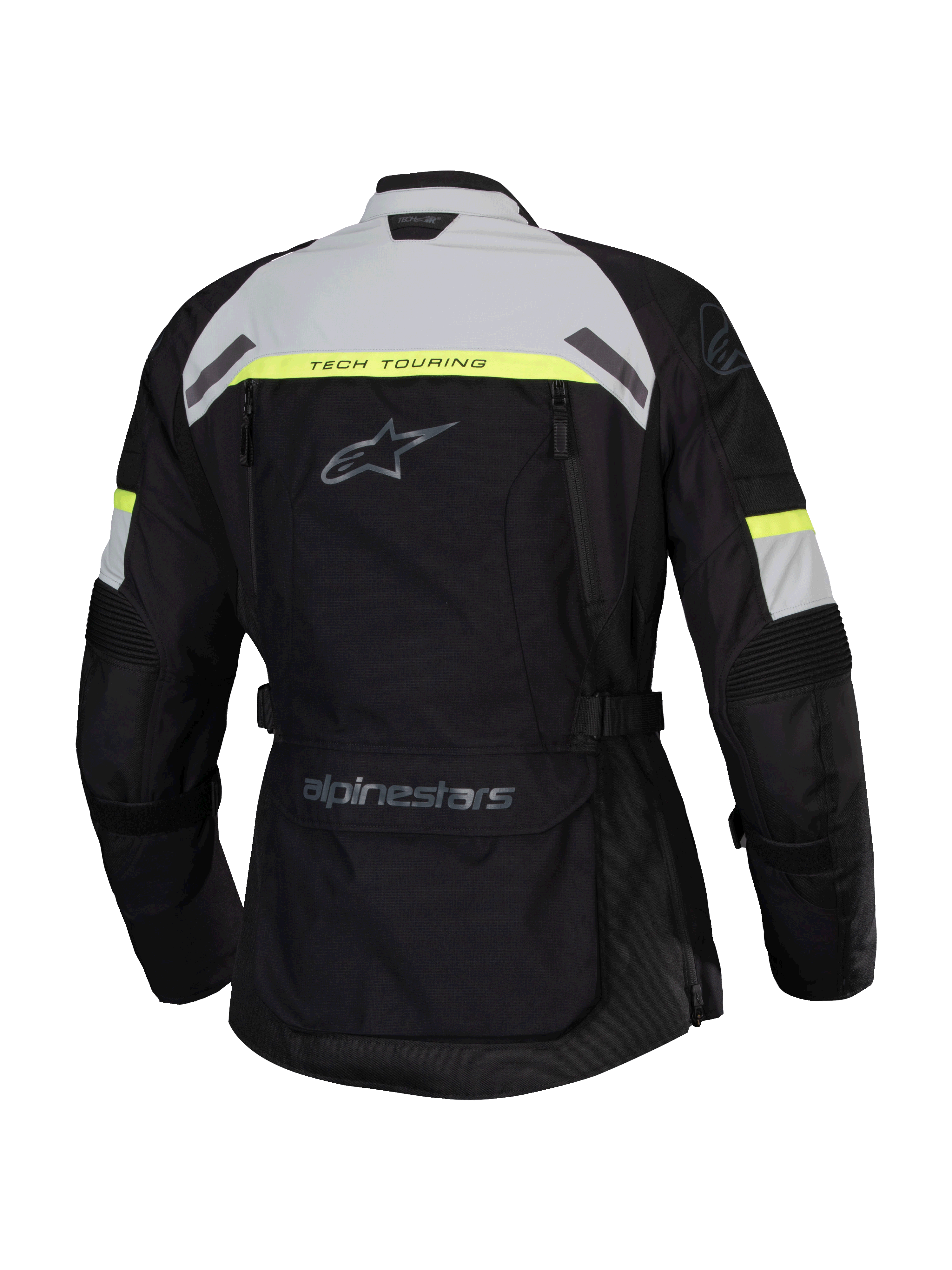 Alpinestars Stella Bogota' Pro Drystar® Jacket, vista posteriore, nero con dettagli grigio ghiaccio e giallo fluo, giacca da moto adventure touring da donna con marchio Tech Touring e ampia tasca posteriore portaoggetti