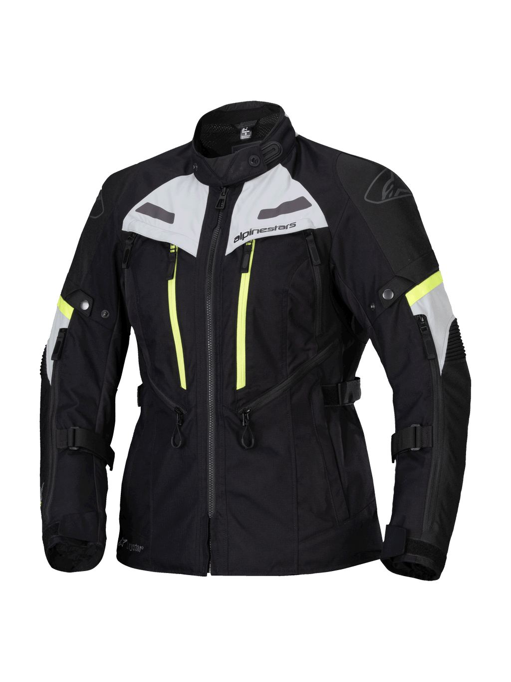 Giacca Stella Bogota Pro Drystar Alpinestars, giacca da moto touring da donna, nero con accenti grigio ghiaccio e giallo fluo, costruzione in tessuto impermeabile e traspirante, con ampie cerniere di ventilazione e cinghie regolabili per la guida adventure