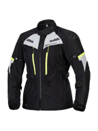 Giacca Stella Bogota Pro Drystar Alpinestars, giacca da moto touring da donna, nero con accenti grigio ghiaccio e giallo fluo, costruzione in tessuto impermeabile e traspirante, con ampie cerniere di ventilazione e cinghie regolabili per la guida adventure