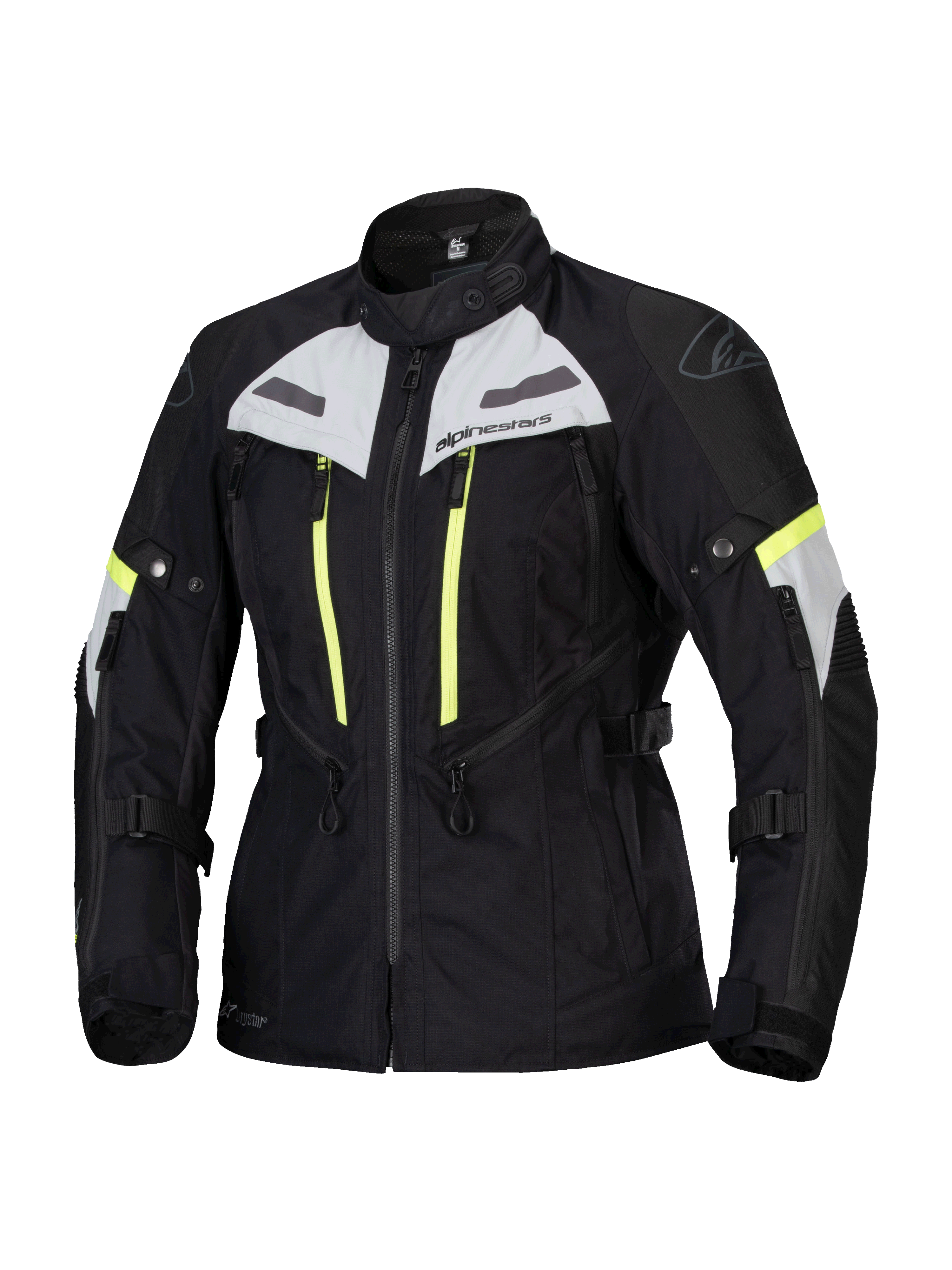 Giacca Stella Bogota Pro Drystar Alpinestars, giacca da moto touring da donna, nero con accenti grigio ghiaccio e giallo fluo, costruzione in tessuto impermeabile e traspirante, con ampie cerniere di ventilazione e cinghie regolabili per la guida adventure