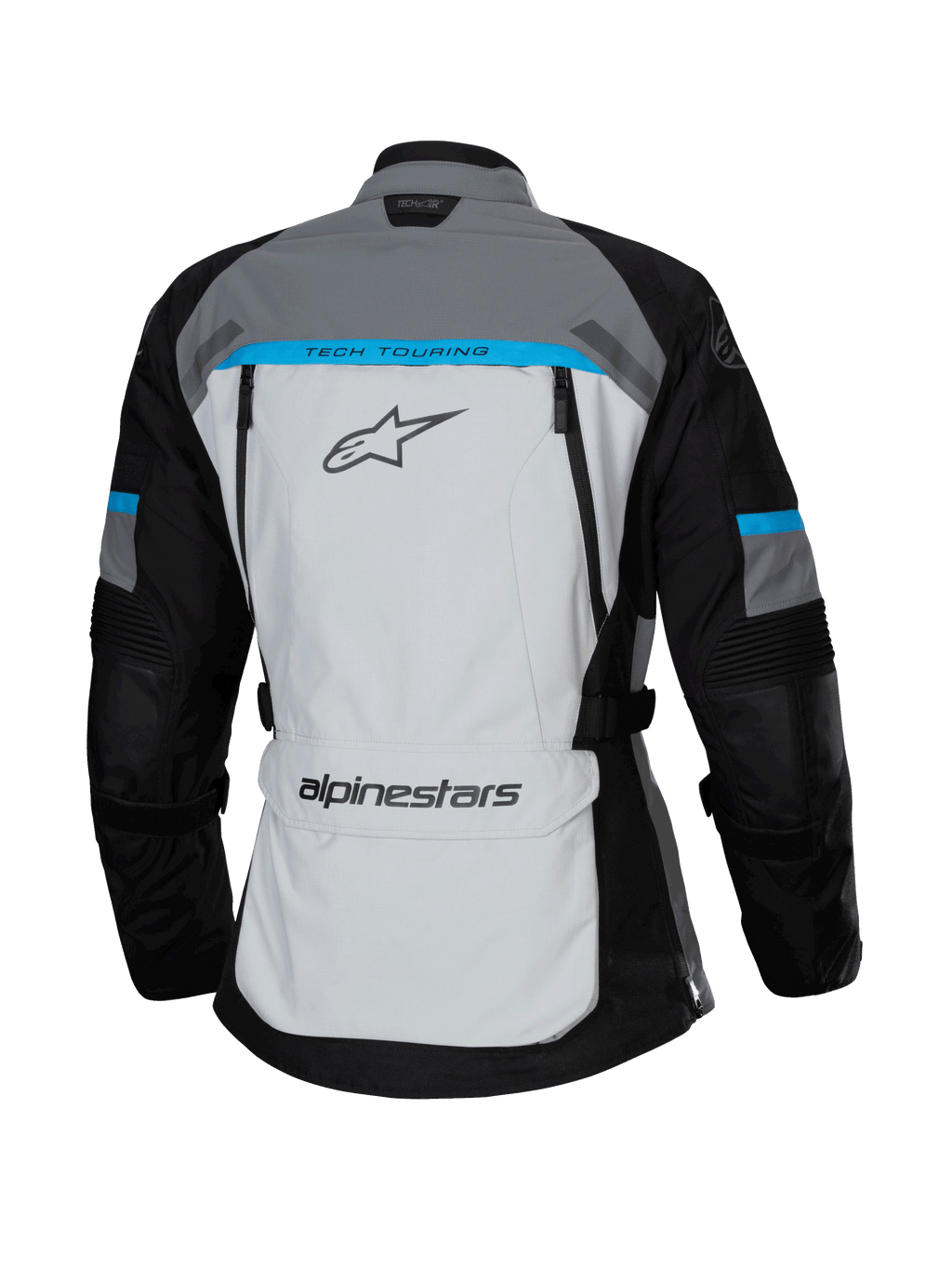 Giacca Alpinestars Stella Bogotá Pro Drystar®, Grigio Ghiaccio, Nero e Ciano, vista posteriore con ampio pannello grigio chiaro e marchio 'TECH TOURING', maniche nere con accenti ciano e tasca portaoggetti sulla parte bassa della schiena.