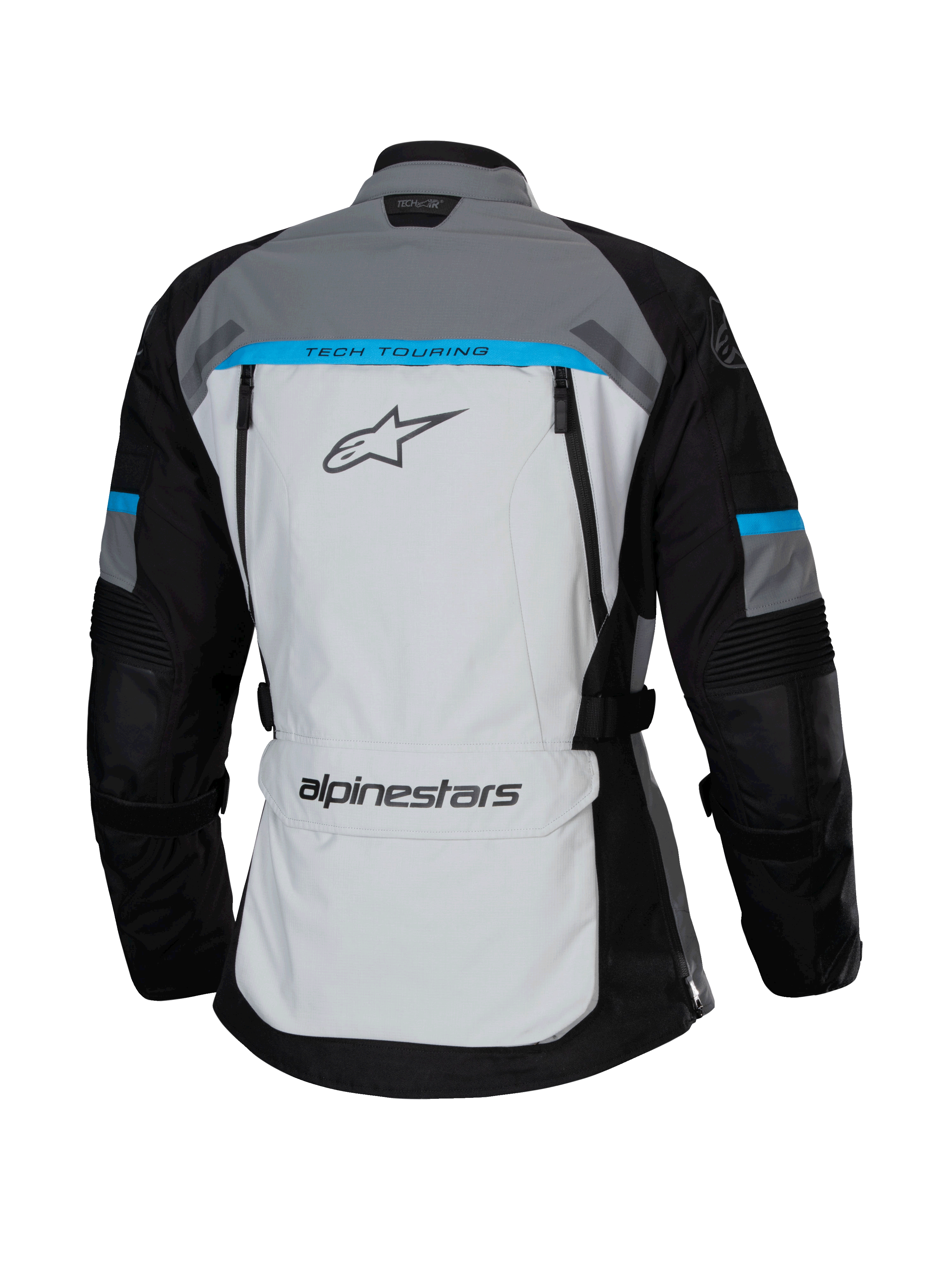 Giacca Alpinestars Stella Bogotá Pro Drystar®, Grigio Ghiaccio, Nero e Ciano, vista posteriore con ampio pannello grigio chiaro e marchio 'TECH TOURING', maniche nere con accenti ciano e tasca portaoggetti sulla parte bassa della schiena.