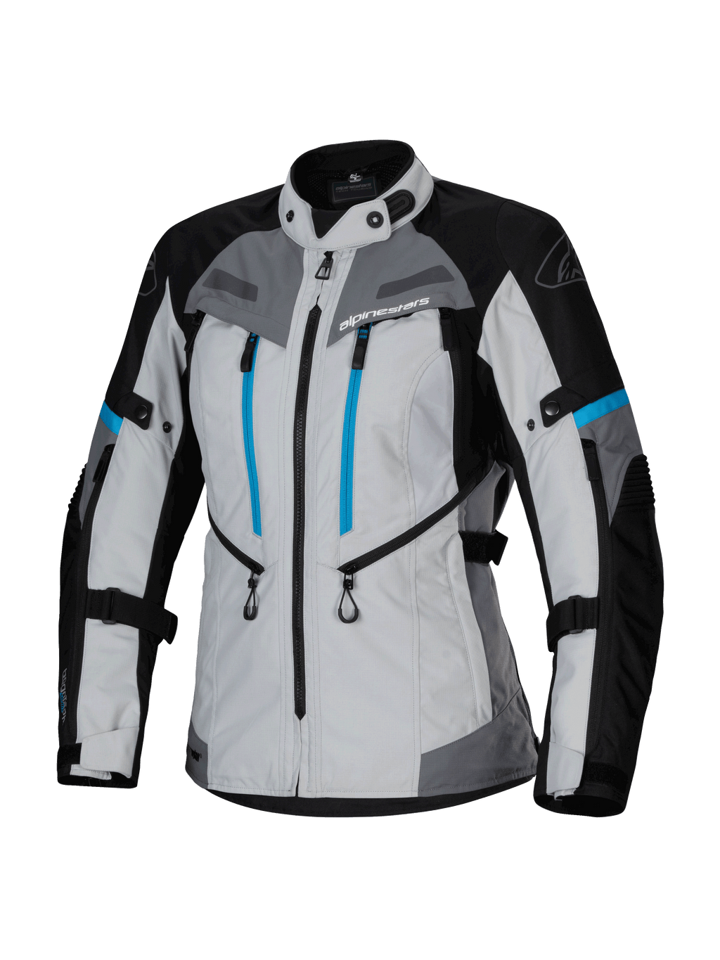Alpinestars Stella Bogota' Pro Drystar® Jacket, giacca moto adventure touring da donna, grigio ghiaccio, nero e ciano, con membrana impermeabile Drystar®, doppie zip verticali blu sul petto, cinghie regolabili su braccia e vita e pannelli protettivi rinforzati