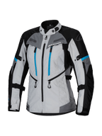 Alpinestars Stella Bogota' Pro Drystar® Jacket, giacca moto adventure touring da donna, grigio ghiaccio, nero e ciano, con membrana impermeabile Drystar®, doppie zip verticali blu sul petto, cinghie regolabili su braccia e vita e pannelli protettivi rinforzati