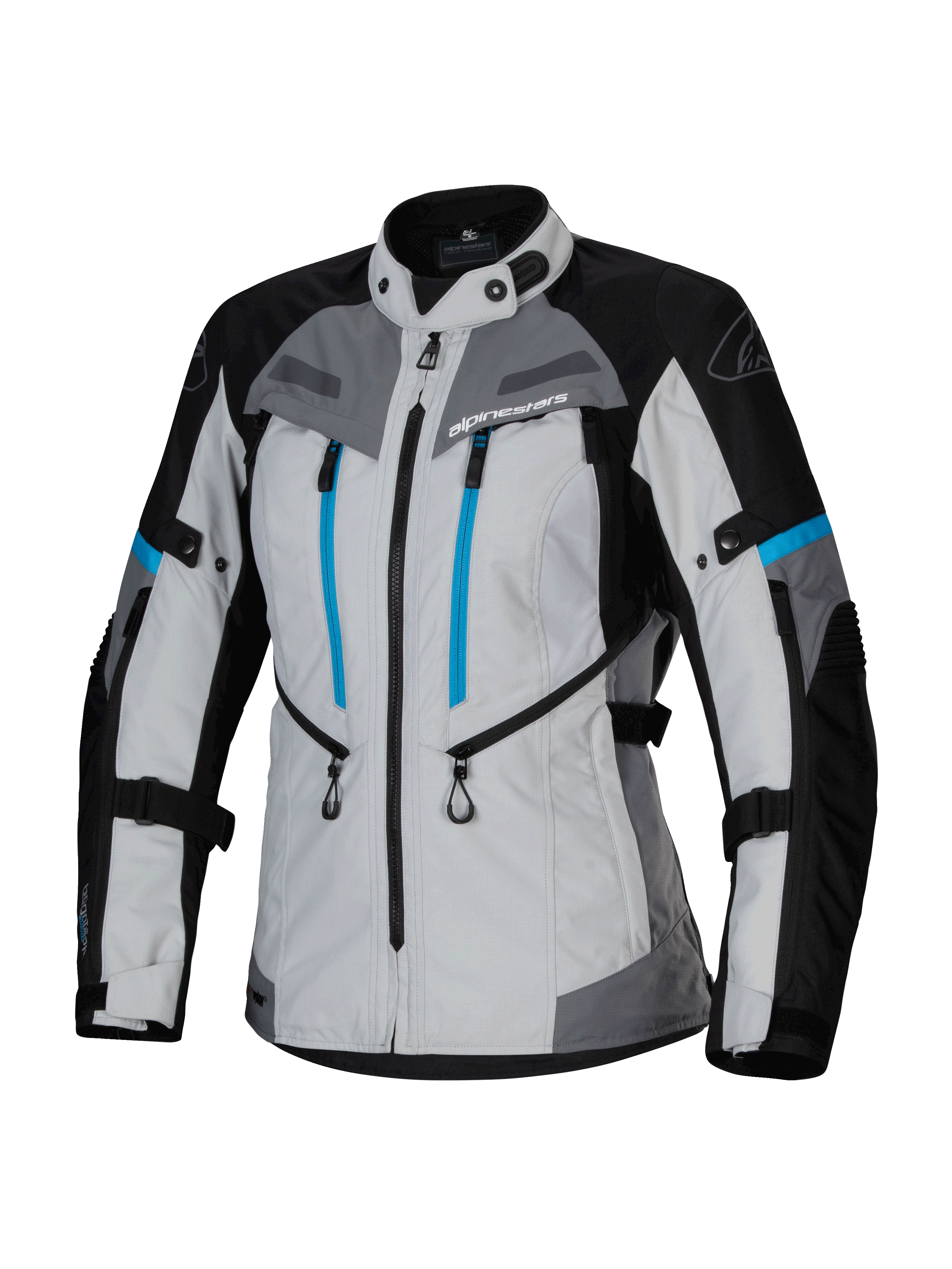 Alpinestars Stella Bogota' Pro Drystar® Jacket, giacca moto adventure touring da donna, grigio ghiaccio, nero e ciano, con membrana impermeabile Drystar®, doppie zip verticali blu sul petto, cinghie regolabili su braccia e vita e pannelli protettivi rinforzati
